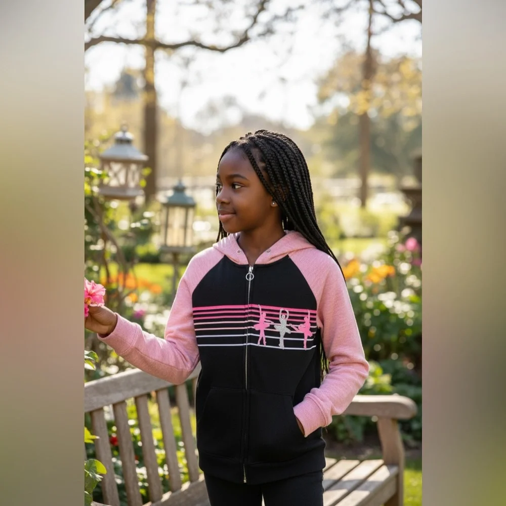 SO Pink and Black Zip-Up Jacket with Hood and Graphic Design EUC